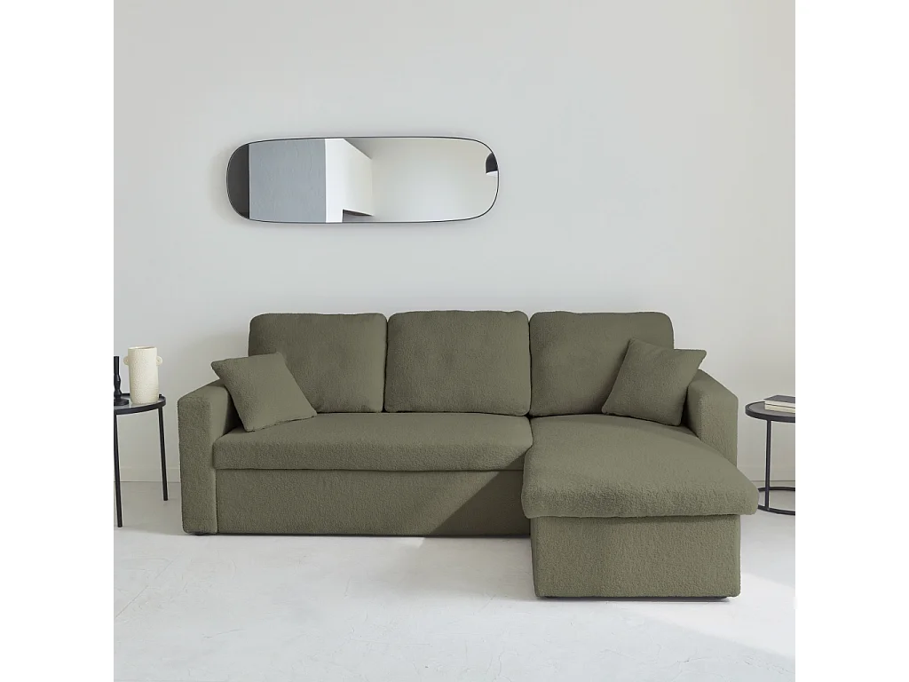 Sofá cama esquinero de borreguito, 3 plazas verde kaki