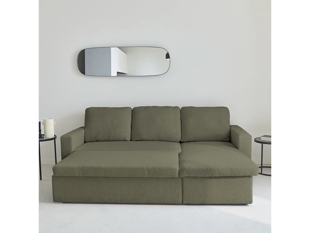 Sofá cama esquinero de borreguito, 3 plazas verde kaki