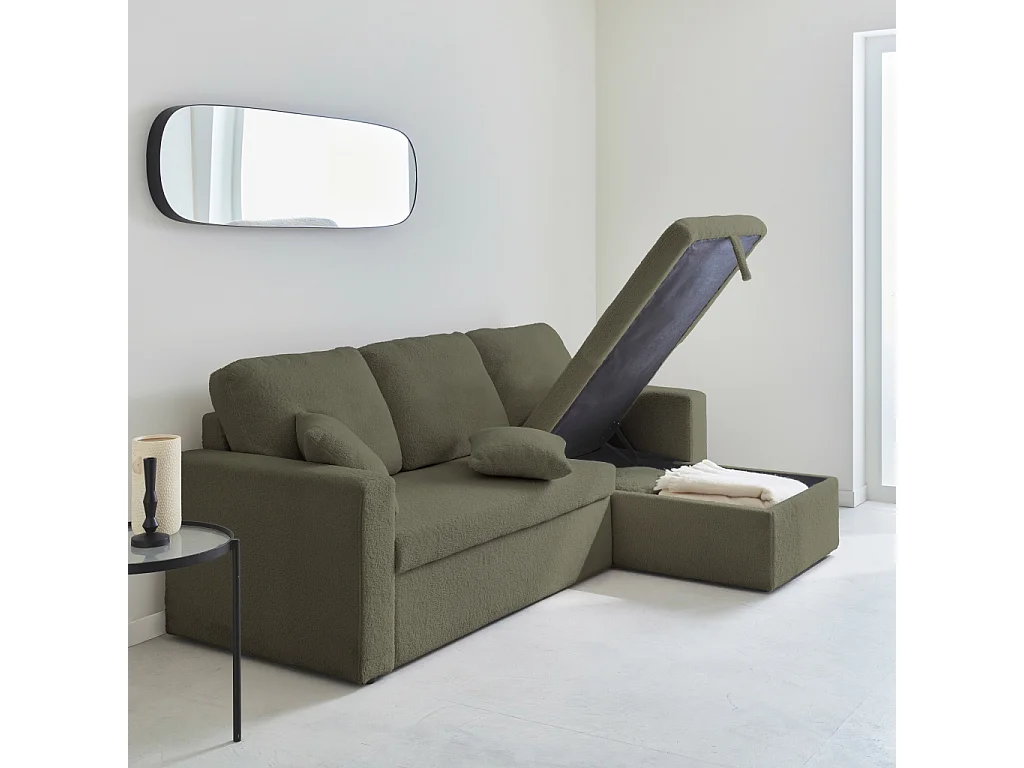 Sofá cama esquinero de borreguito, 3 plazas verde kaki