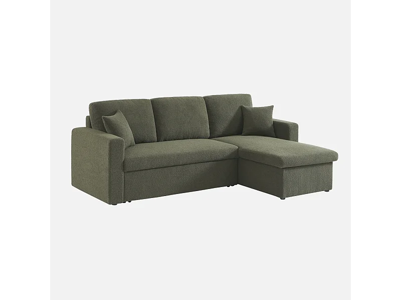 Canapé d'angle convertible en tissu bouclettes kaki - IDA - 3 places. fauteuil d'angle réversible coffre rangement lit modulable
