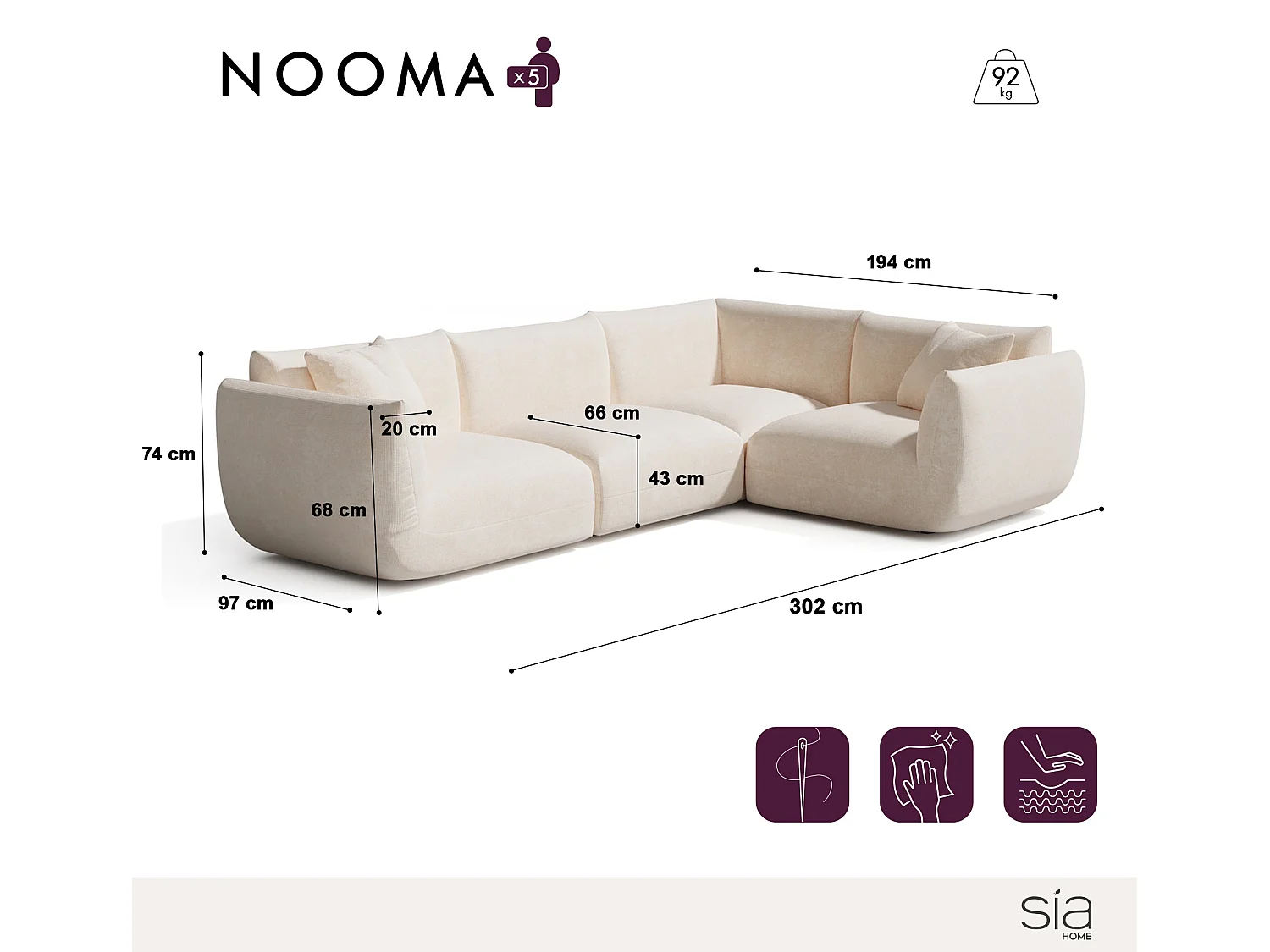 Canapé d'angle droit modulable 5-6 places velours chenillé crème NOOMA