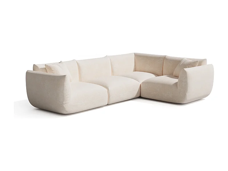 Canapé d'angle droit modulable 5-6 places velours chenillé crème NOOMA