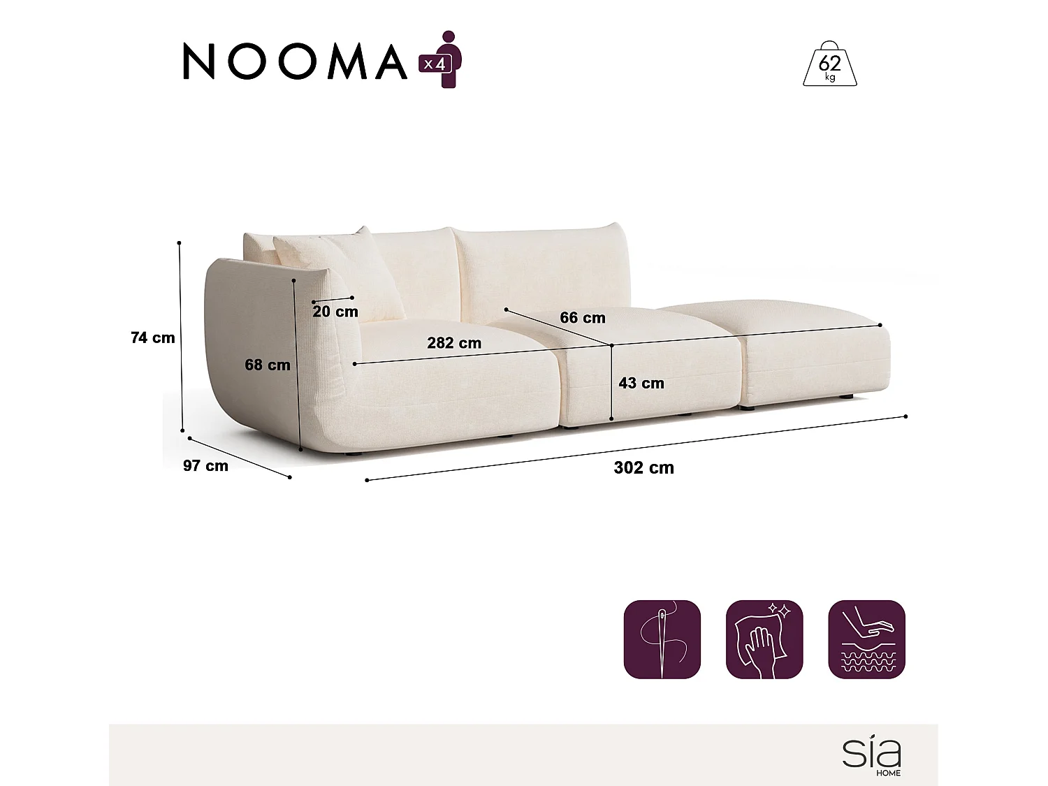 Canapé modulable 4-5 places gauche velours chenillé crème NOOMA