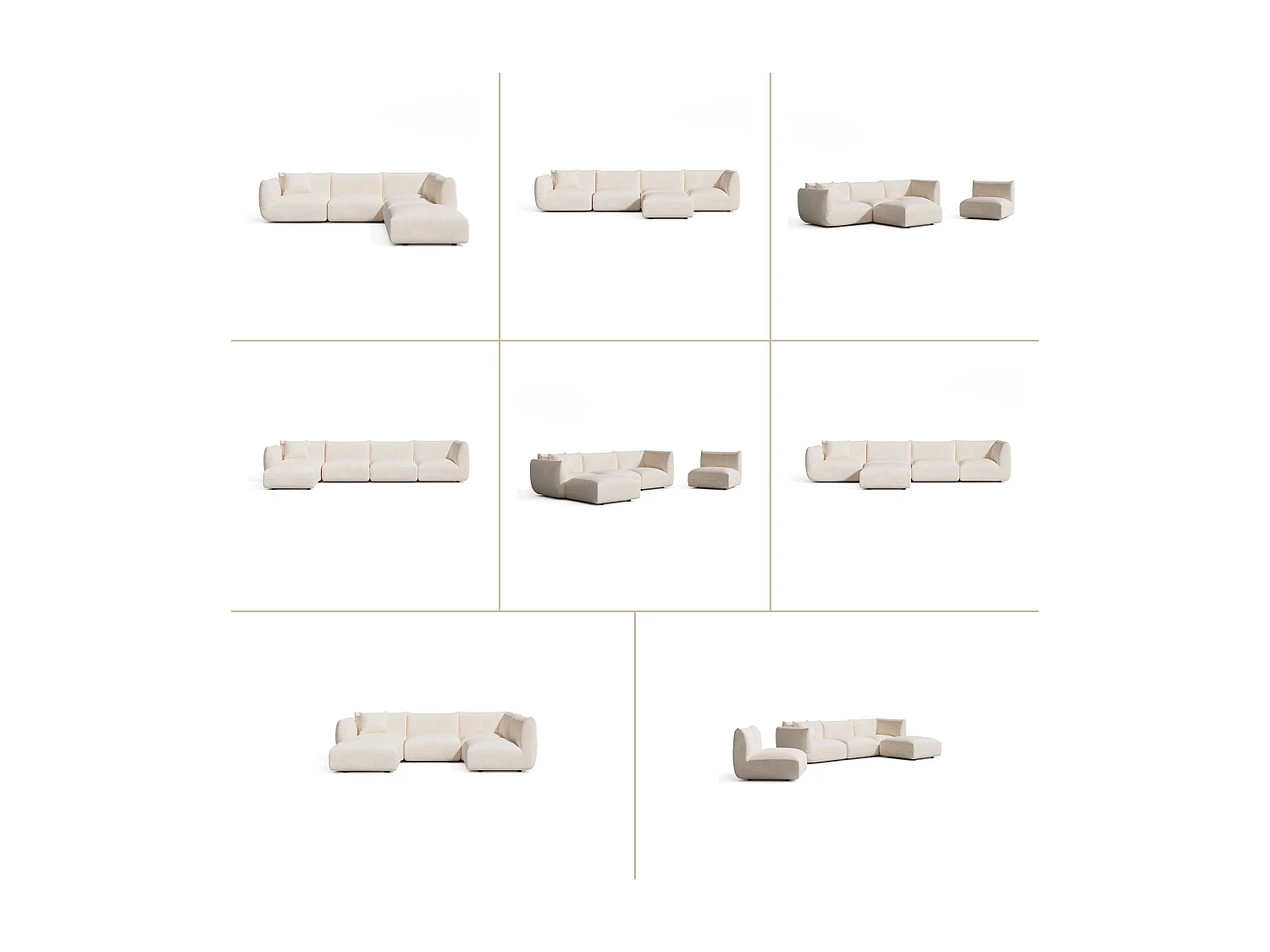 Canapé grand angle droit modulable 7 places velours chenillé crème NOOMA