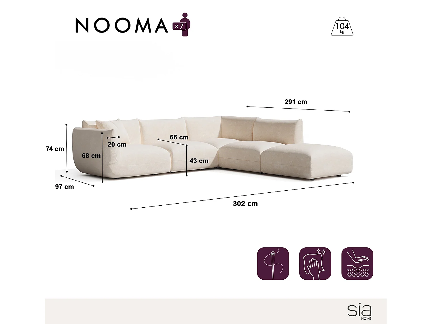 Canapé grand angle droit modulable 7 places velours chenillé crème NOOMA