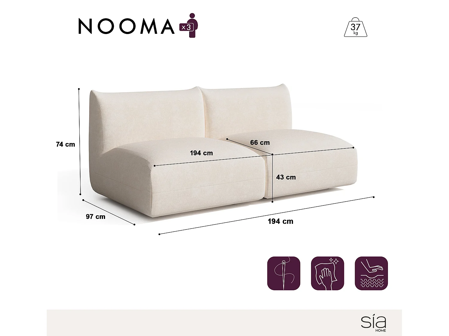 Canapé modulable 3 places velours chenillé crème NOOMA