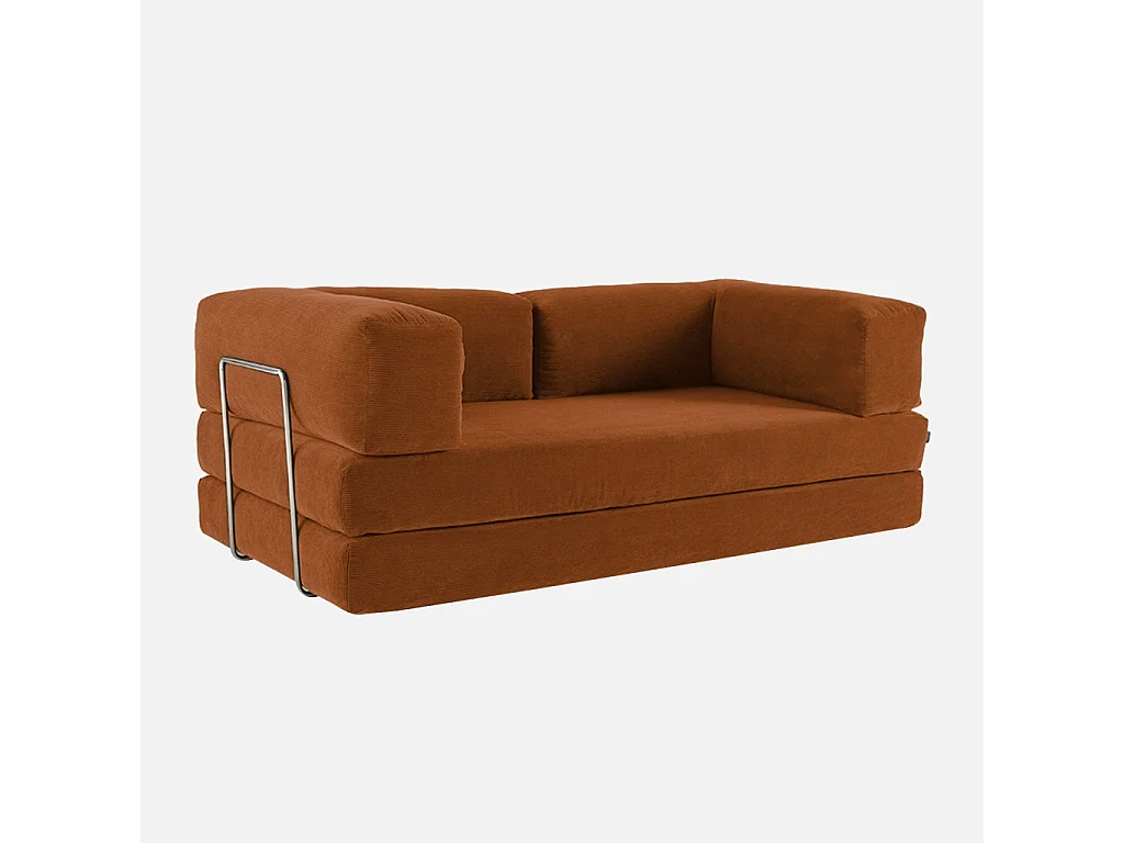Canapé vintage convertible 3 places en velours côtelé terracotta et armatures chromées L 200 x P 100 x H 72cm - Seventies
