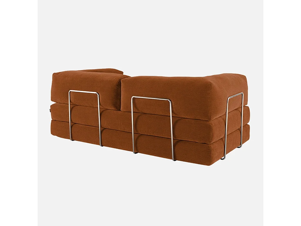 Canapé vintage convertible 3 places en velours côtelé terracotta et armatures chromées L 200 x P 100 x H 72cm - Seventies