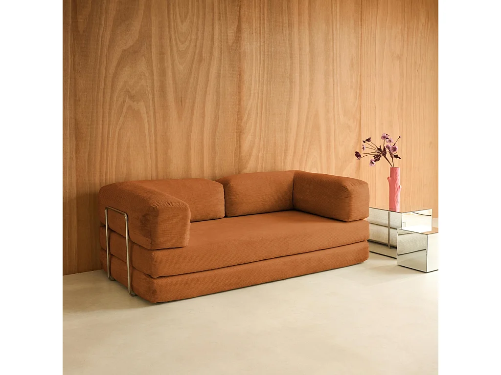 Canapé vintage convertible 3 places en velours côtelé terracotta et armatures chromées L 200 x P 100 x H 72cm - Seventies