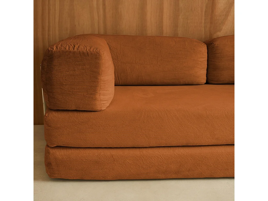 Canapé vintage convertible 3 places en velours côtelé terracotta et armatures chromées L 200 x P 100 x H 72cm - Seventies