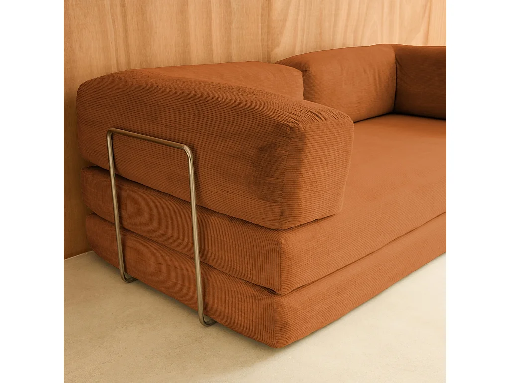 Canapé vintage convertible 3 places en velours côtelé terracotta et armatures chromées L 200 x P 100 x H 72cm - Seventies