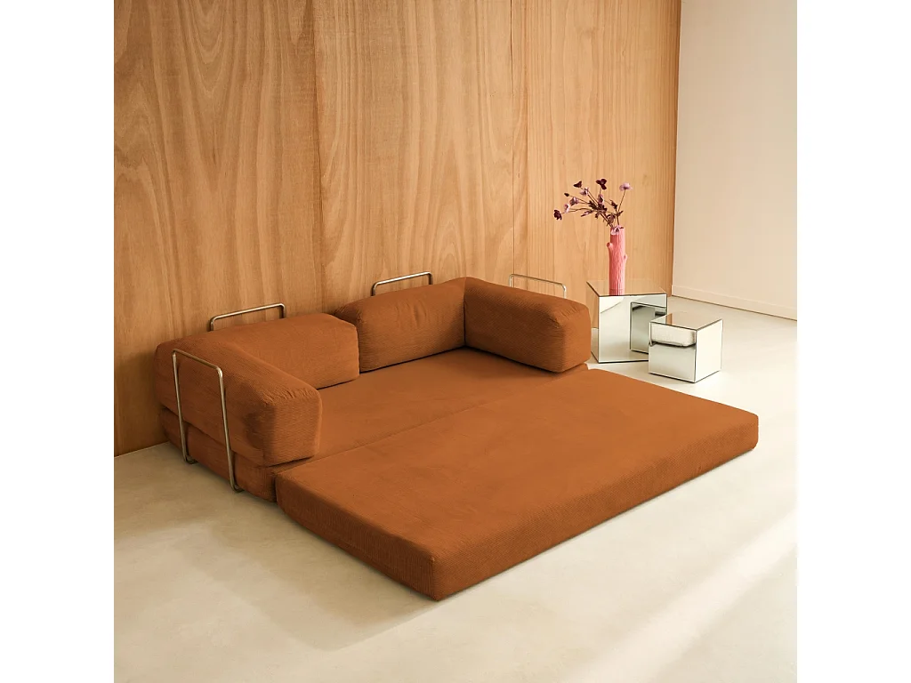 Canapé vintage convertible 3 places en velours côtelé terracotta et armatures chromées L 200 x P 100 x H 72cm - Seventies