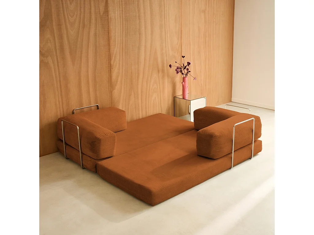 Canapé vintage convertible 3 places en velours côtelé terracotta et armatures chromées L 200 x P 100 x H 72cm - Seventies