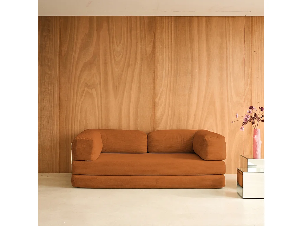 Divano letto futon in velluto a coste e struttura cromata, terracotta