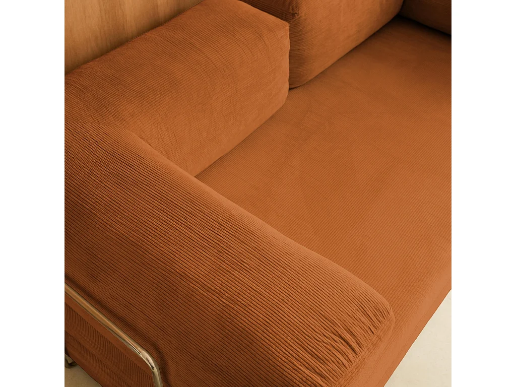 Divano letto futon in velluto a coste e struttura cromata, terracotta