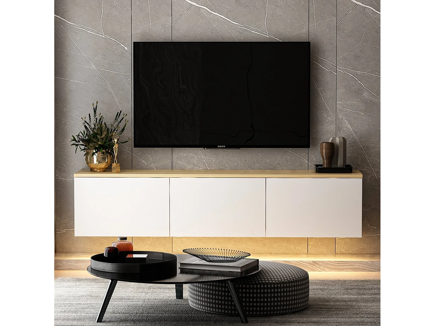 Meuble TV LED suspendu avec placards blanc et plateau bois 160cm LUMI