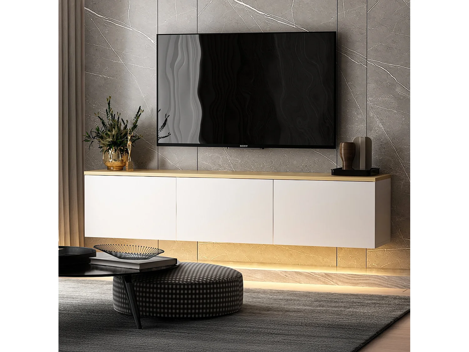 Meuble TV LED suspendu avec placards blanc et plateau bois 160cm LUMI