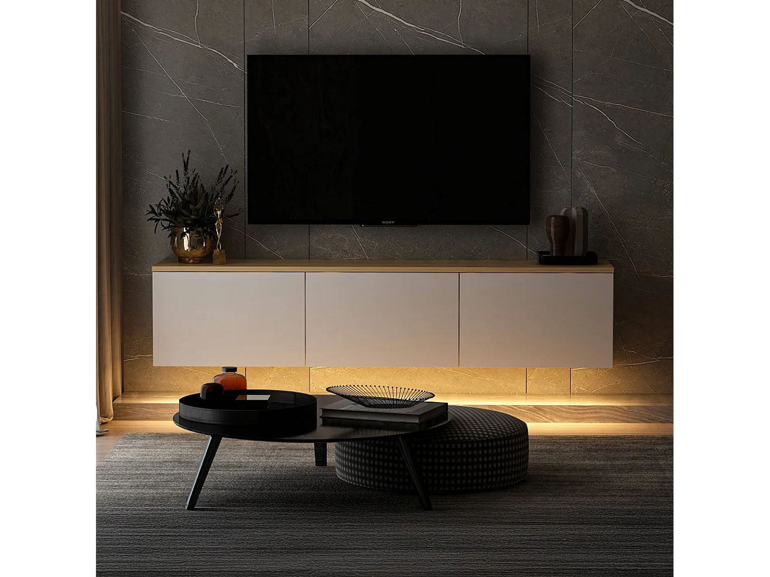 Meuble TV LED suspendu avec placards blanc et plateau bois 160cm LUMI