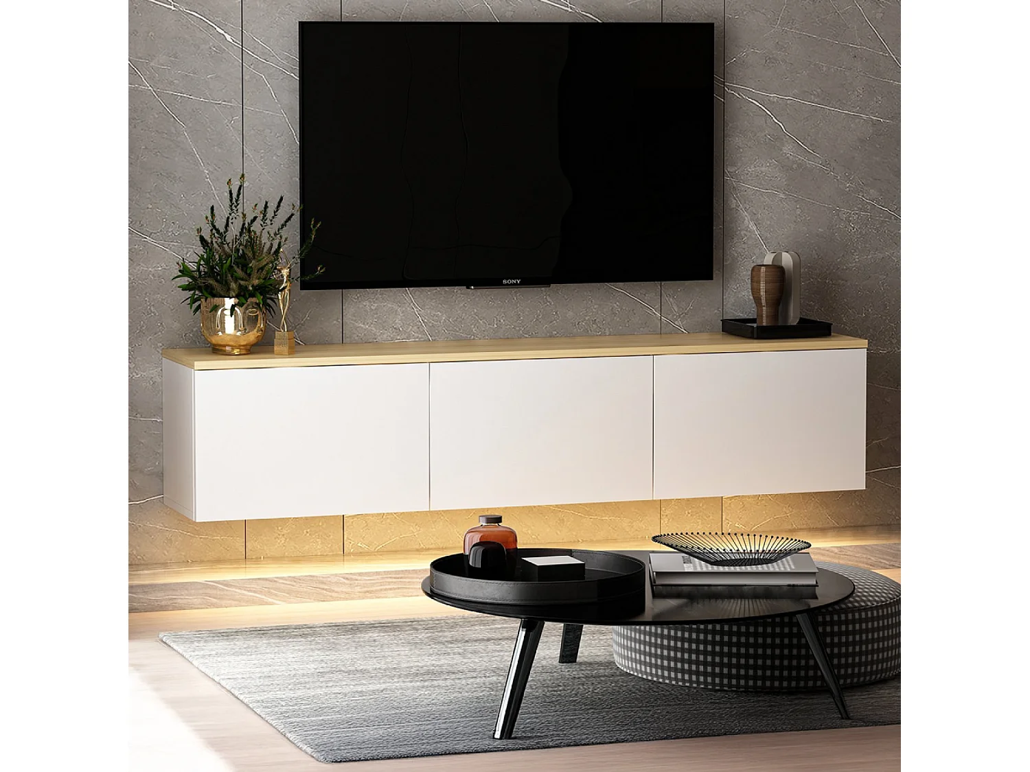 Meuble TV LED suspendu avec placards blanc et plateau bois 160cm LUMI