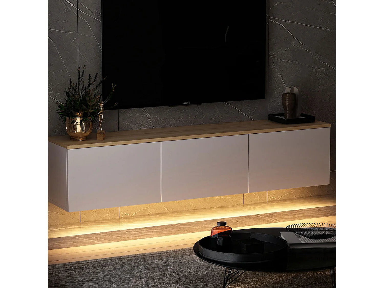 Meuble TV LED suspendu avec placards blanc et plateau bois 160cm LUMI