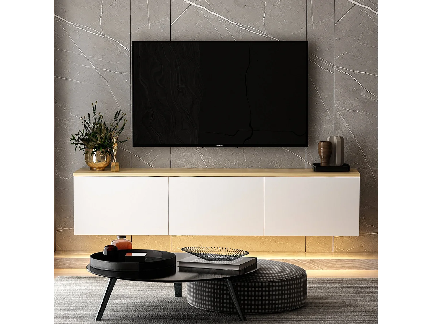 Meuble TV LED suspendu avec placards blanc et plateau bois 160cm LUMI