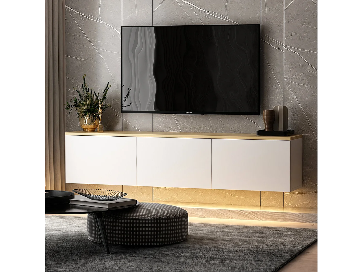 Meuble TV LED suspendu avec placards blanc et plateau bois 160cm LUMI