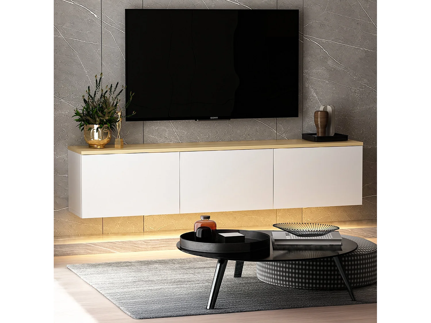 Meuble TV LED suspendu avec placards blanc et plateau bois 160cm LUMI