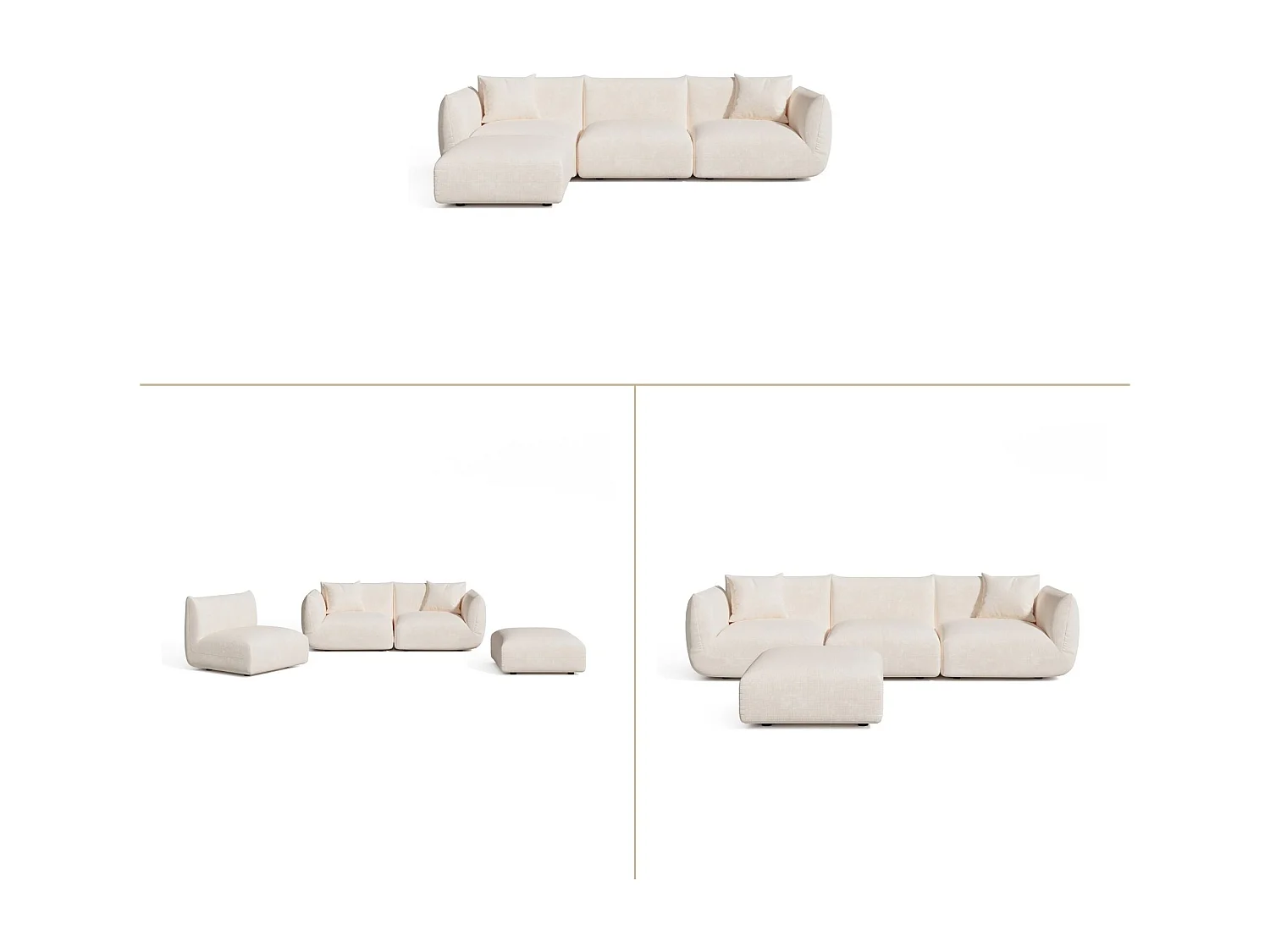 Canapé d'angle modulable 5-6 places velours chenillé crème NOOMA