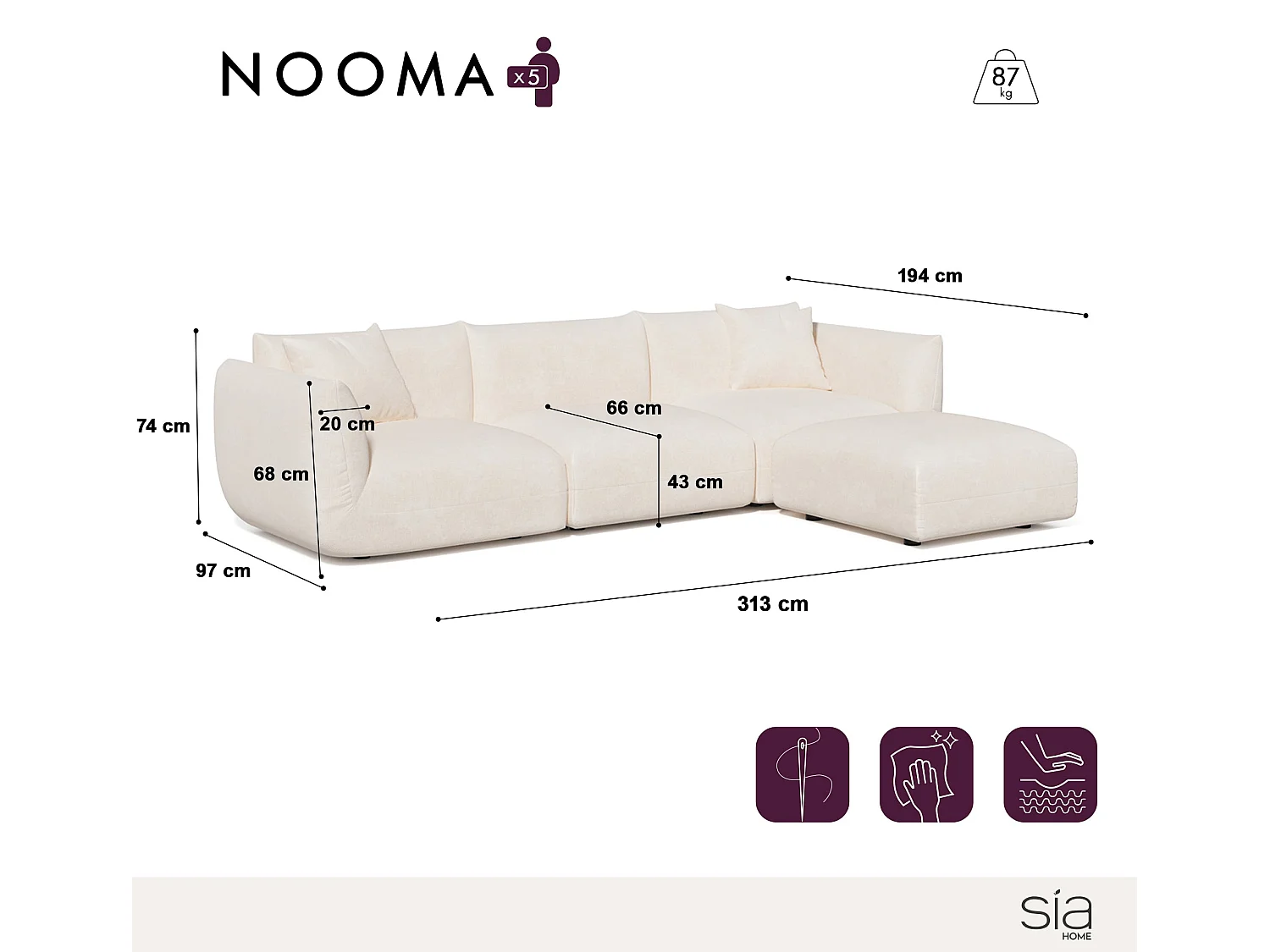 Canapé d'angle modulable 5-6 places velours chenillé crème NOOMA