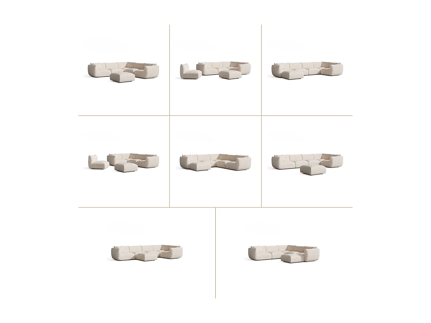 Canapé d'angle panoramique modulable 8 places velours chenillé crème NOOMA