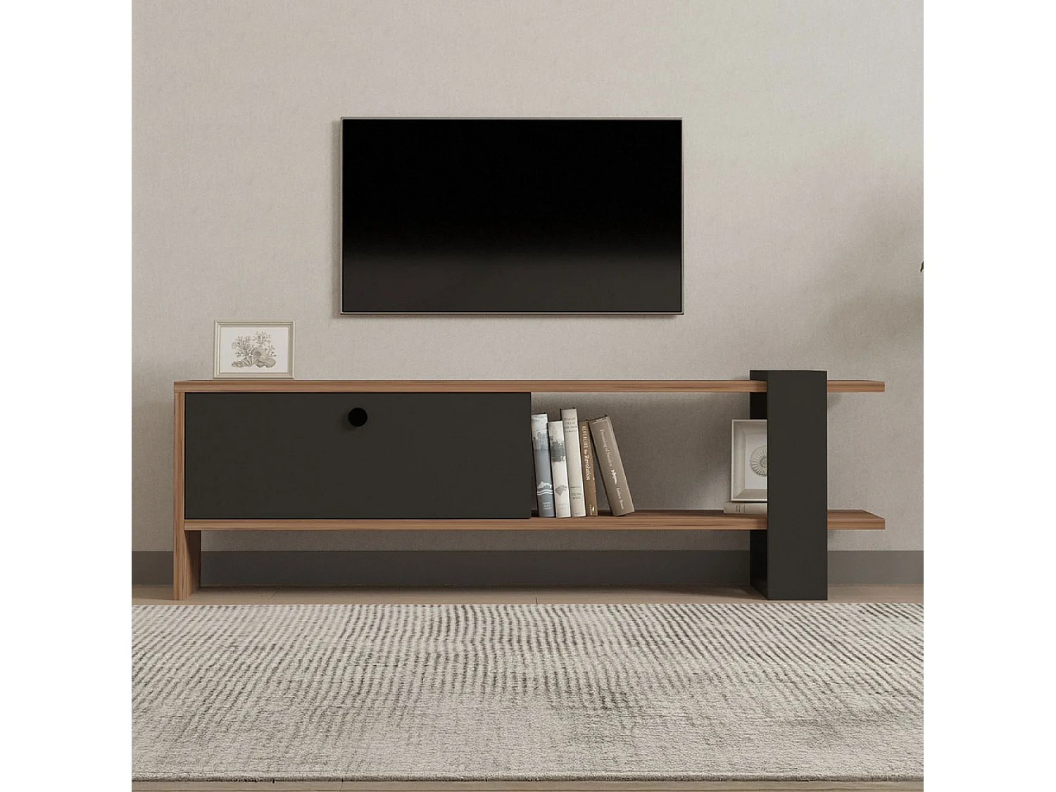 Meuble TV asymétrique gris anthracite avec placard aspect bois 120cm OVA