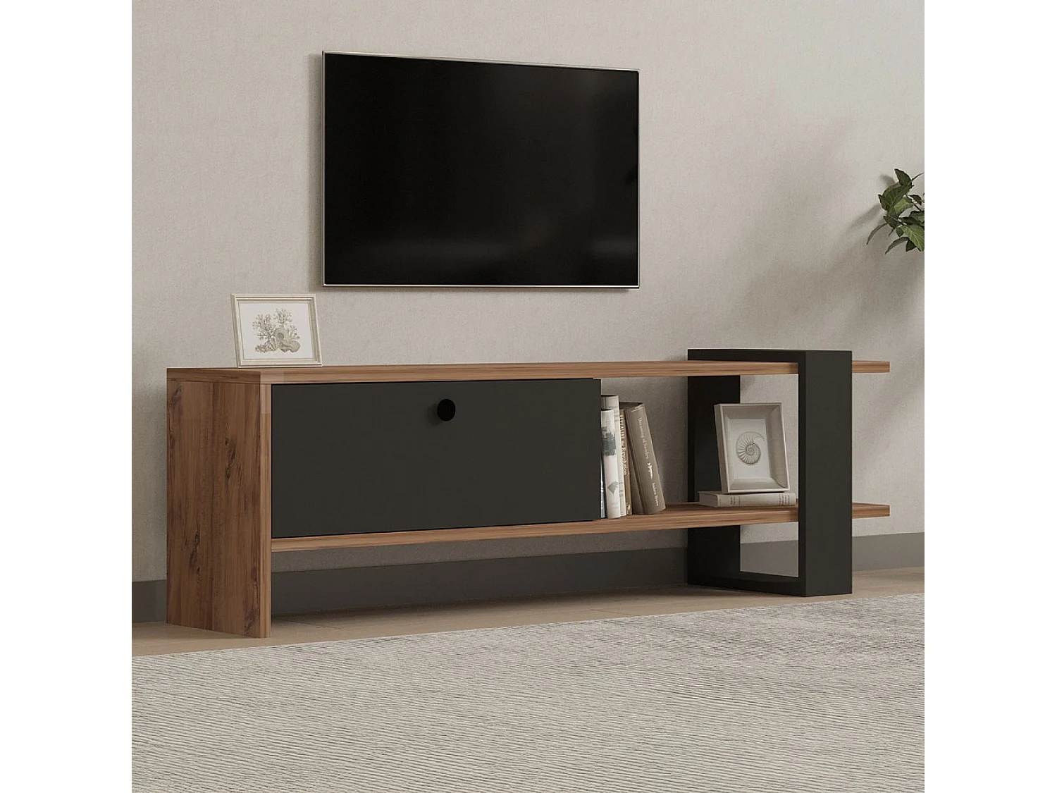 Meuble TV asymétrique gris anthracite avec placard aspect bois 120cm OVA
