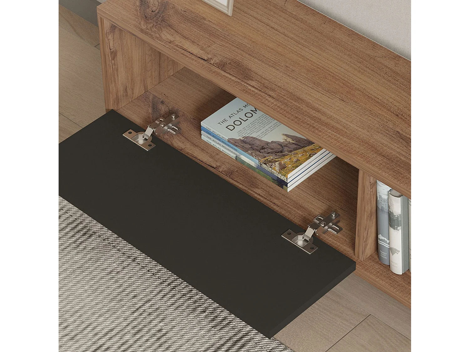 Meuble TV asymétrique gris anthracite avec placard aspect bois 120cm OVA