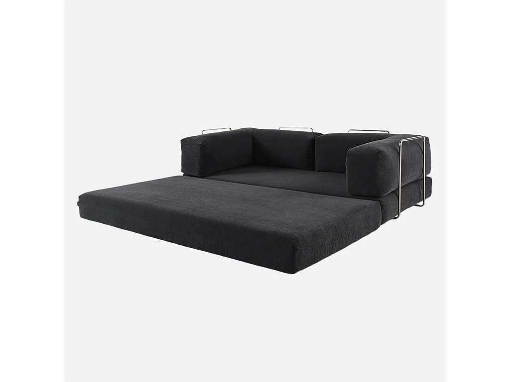 Divano letto futon in velluto a coste e struttura cromata, 3 posti,