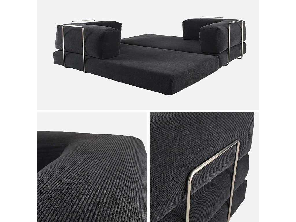 Divano letto futon in velluto a coste e struttura cromata, 3 posti,