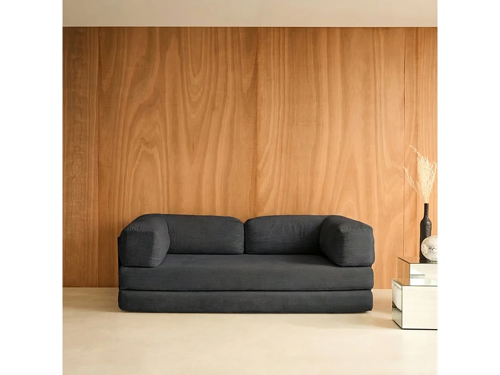 Canapé vintage convertible 3 places en velours côtelé anthracite et armatures chromées L 200 x P 100 x H 72cm - Seventies