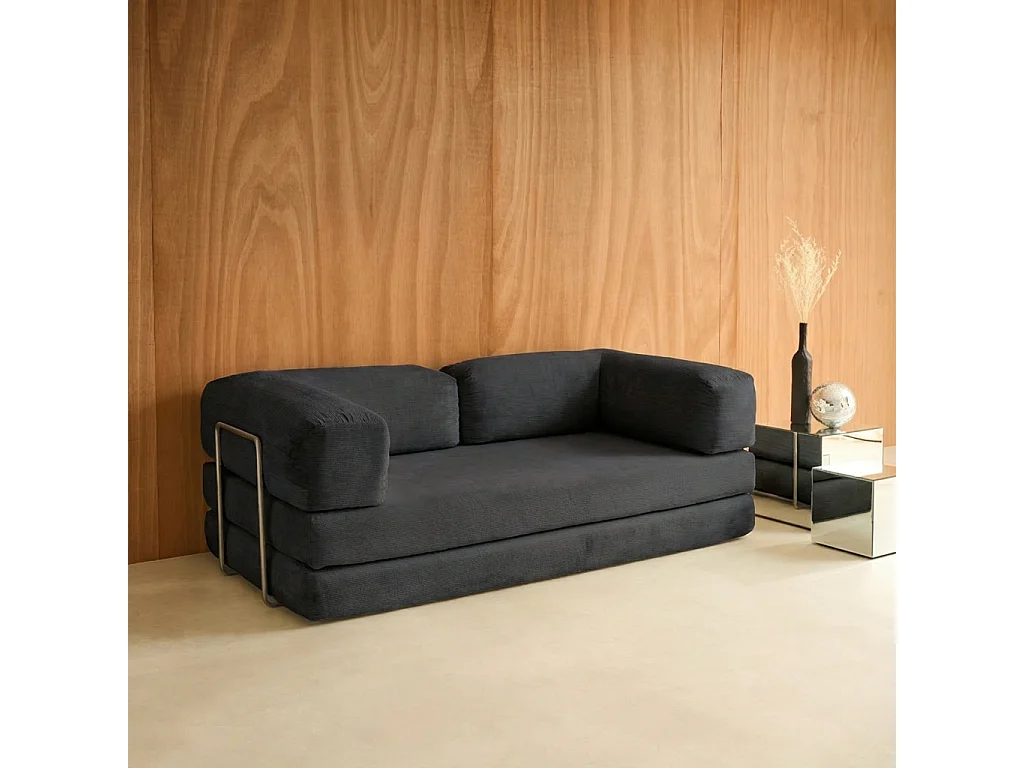 Canapé vintage convertible 3 places en velours côtelé anthracite et armatures chromées L 200 x P 100 x H 72cm - Seventies