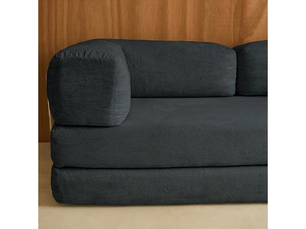 Canapé vintage convertible 3 places en velours côtelé anthracite et armatures chromées L 200 x P 100 x H 72cm - Seventies