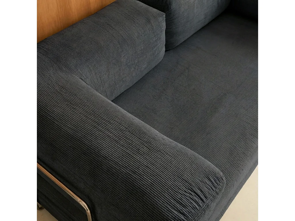 Canapé vintage convertible 3 places en velours côtelé anthracite et armatures chromées L 200 x P 100 x H 72cm - Seventies