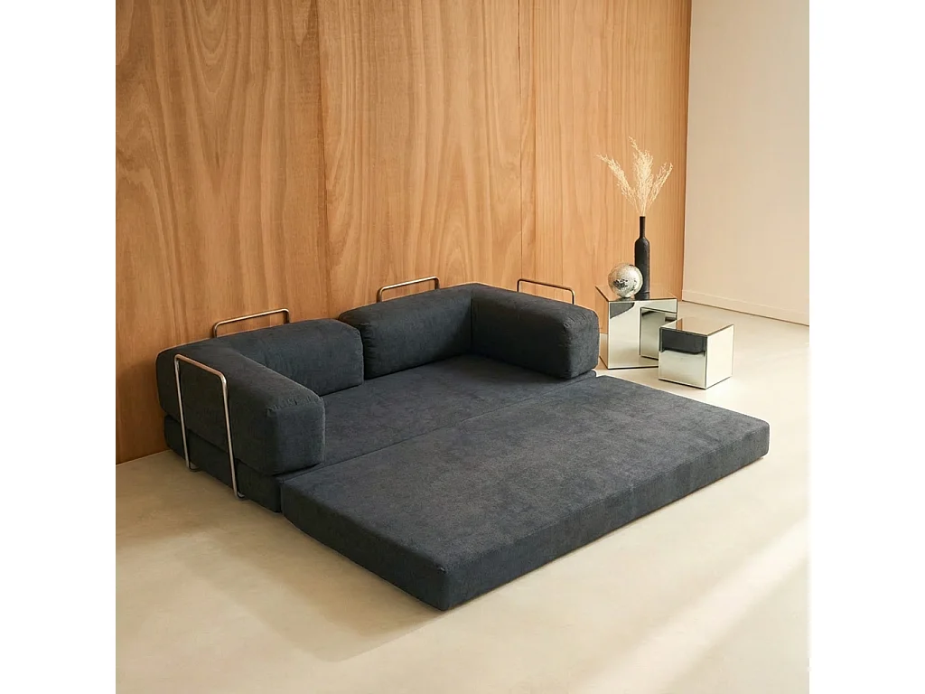 Canapé vintage convertible 3 places en velours côtelé anthracite et armatures chromées L 200 x P 100 x H 72cm - Seventies