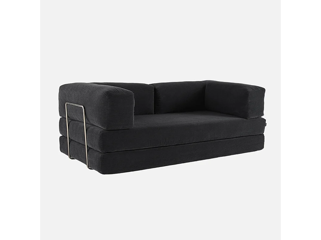 Divano letto futon in velluto a coste e struttura cromata, 3 posti,