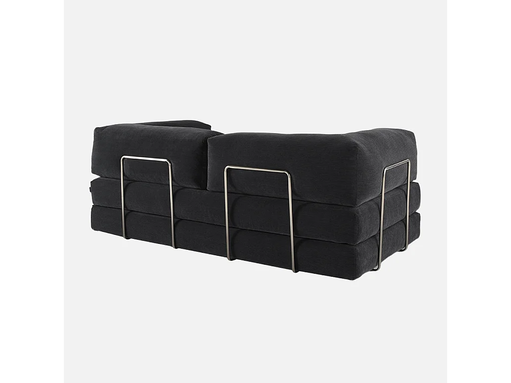 Divano letto futon in velluto a coste e struttura cromata, 3 posti,