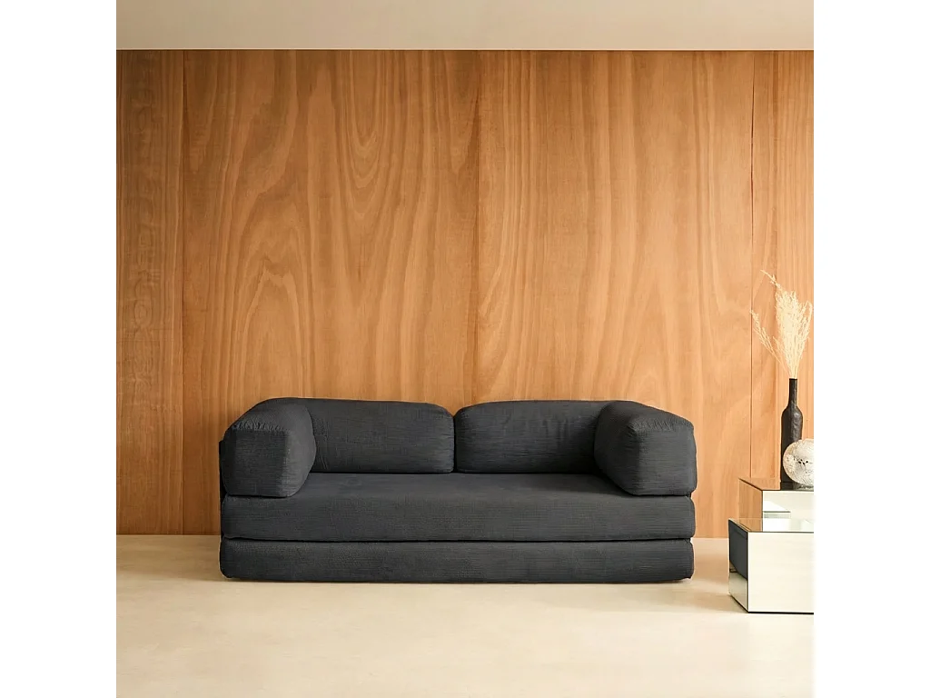 Divano letto futon in velluto a coste e struttura cromata, 3 posti,