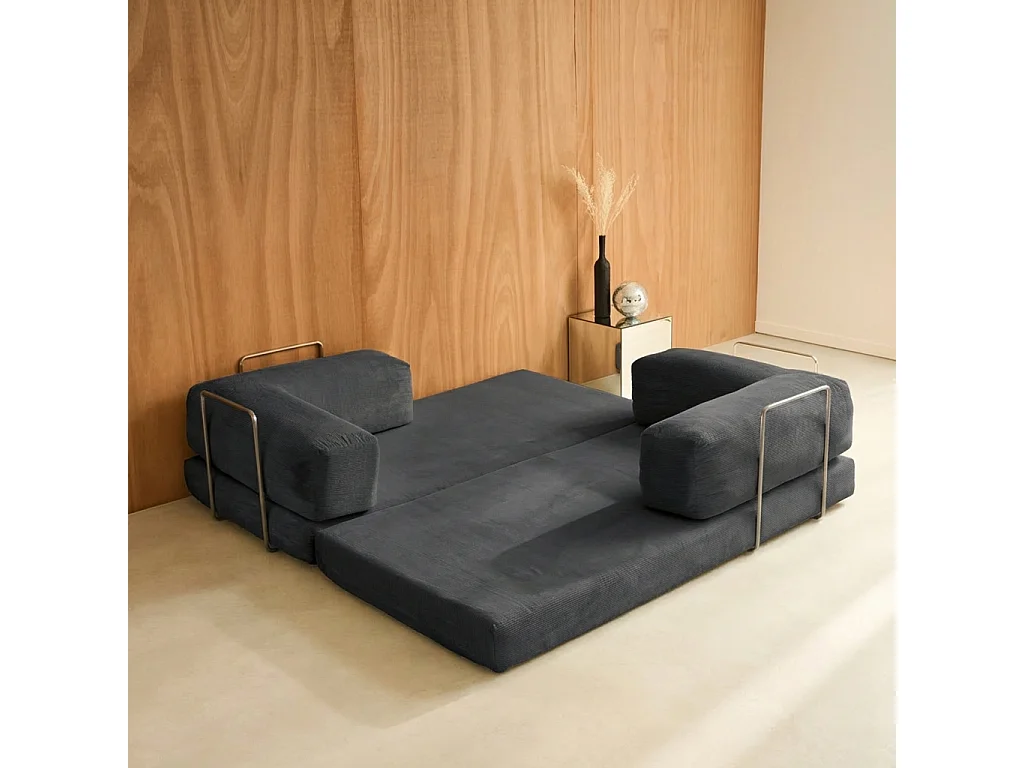 Divano letto futon in velluto a coste e struttura cromata, 3 posti,