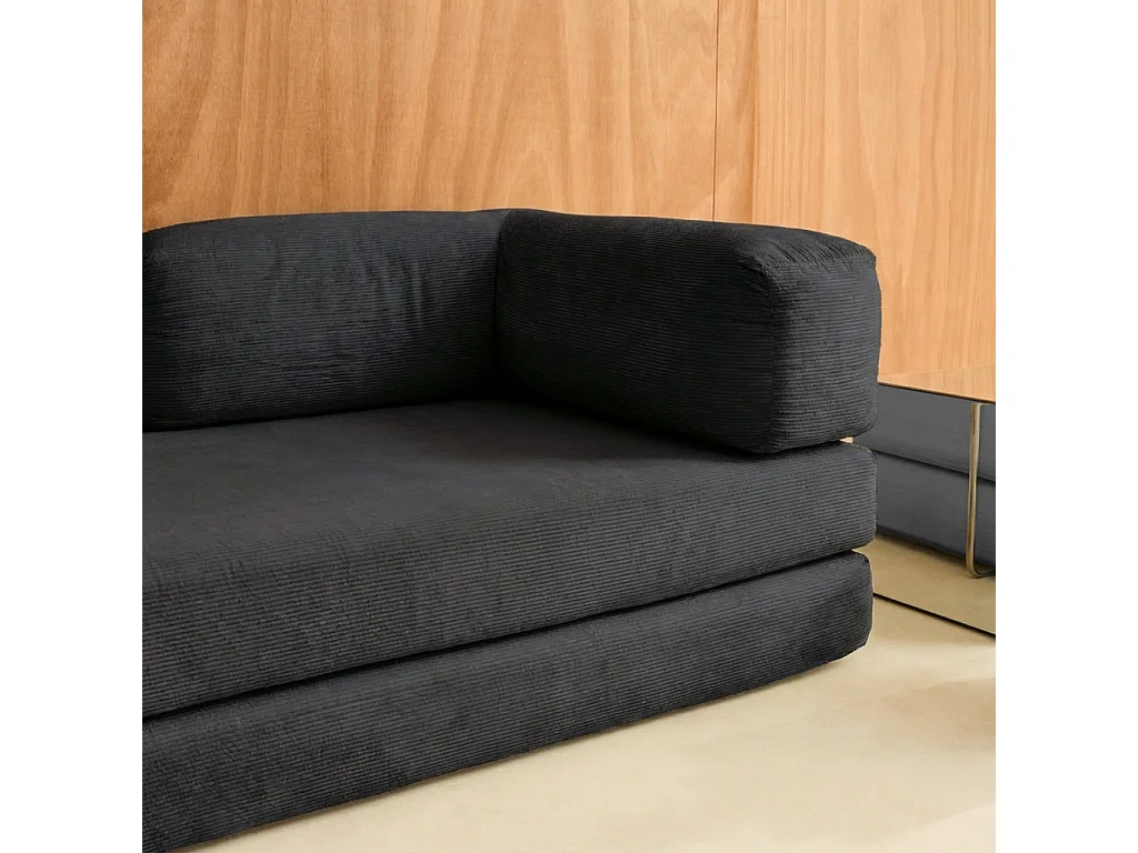 Divano letto futon in velluto a coste e struttura cromata, 3 posti,