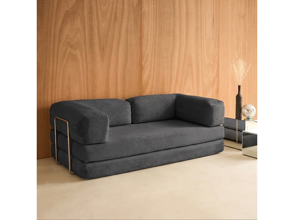 Sofá cama con futón plegable en pana y estructura cromada, 3 plazas