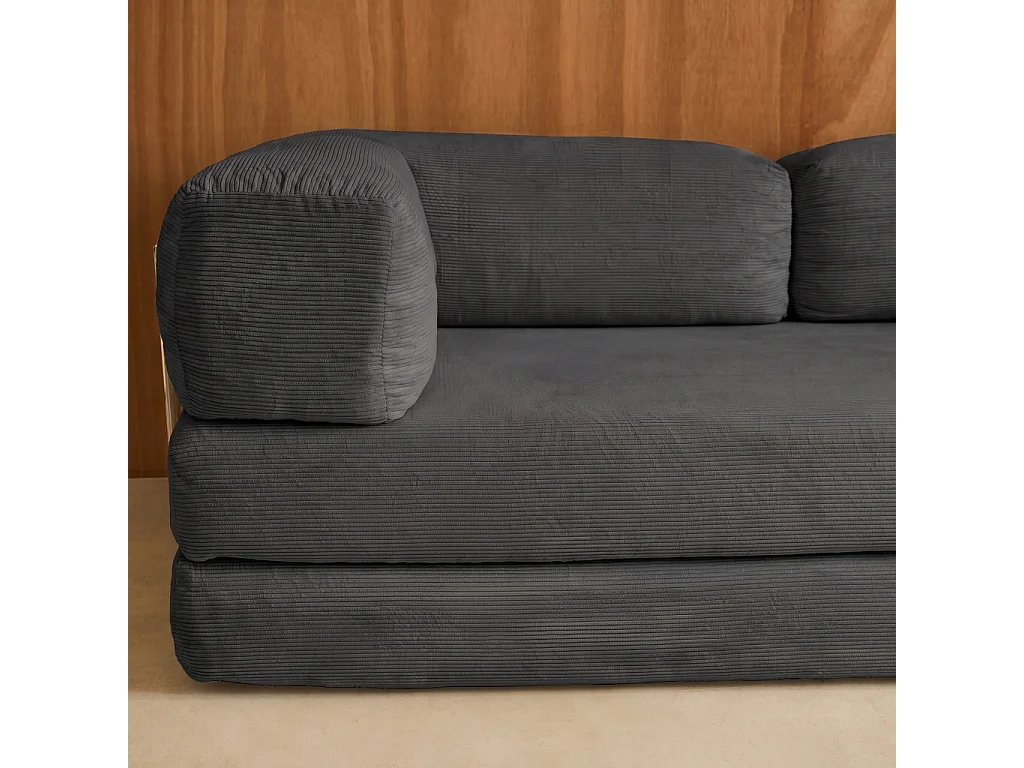 Sofá cama con futón plegable en pana y estructura cromada, 3 plazas