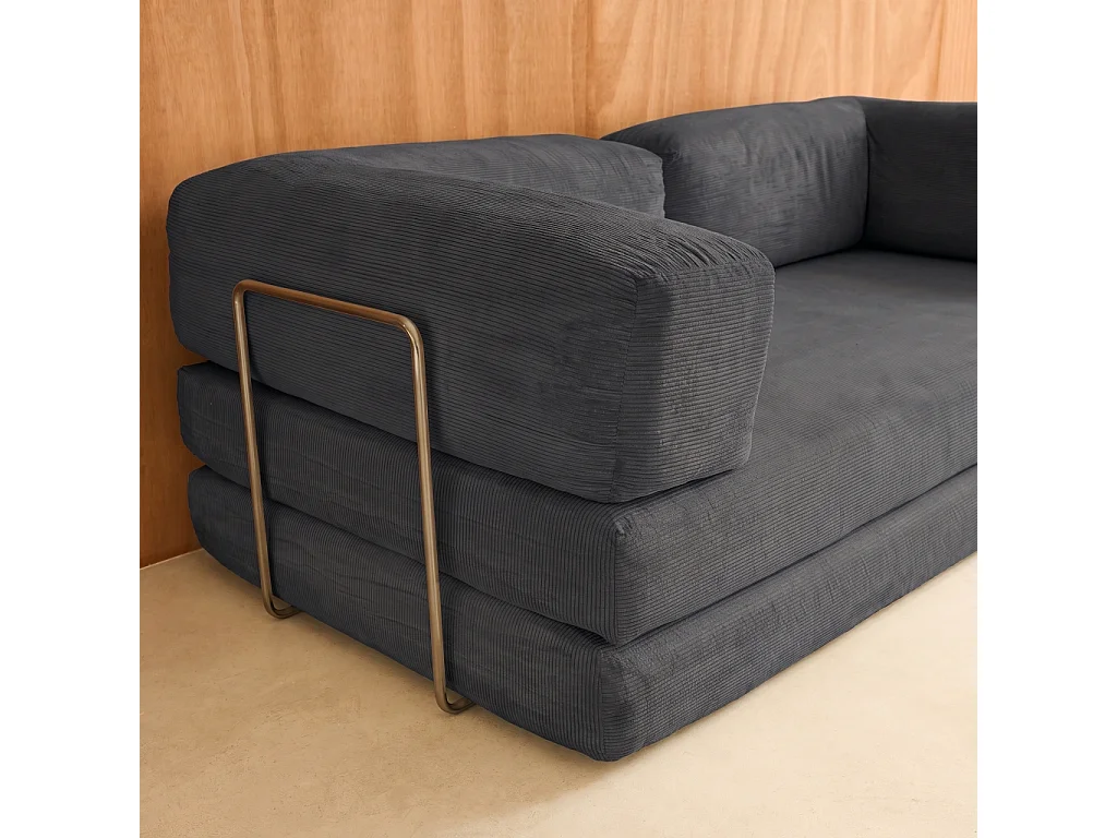 Sofá cama con futón plegable en pana y estructura cromada, 3 plazas