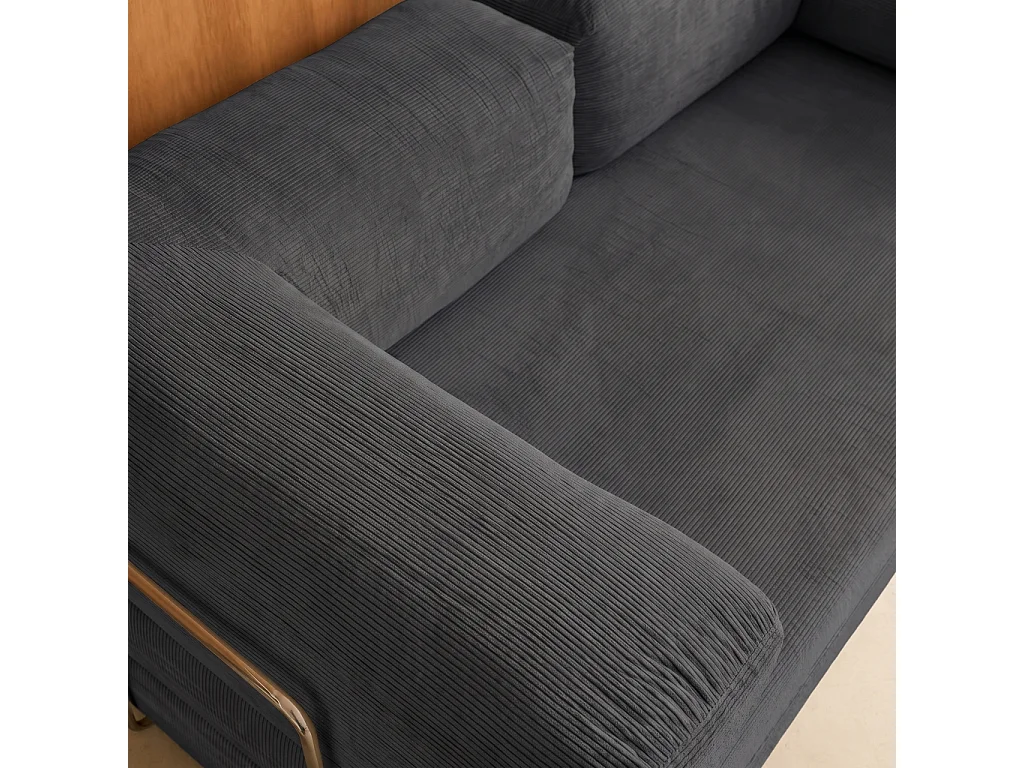 Sofá cama con futón plegable en pana y estructura cromada, 3 plazas