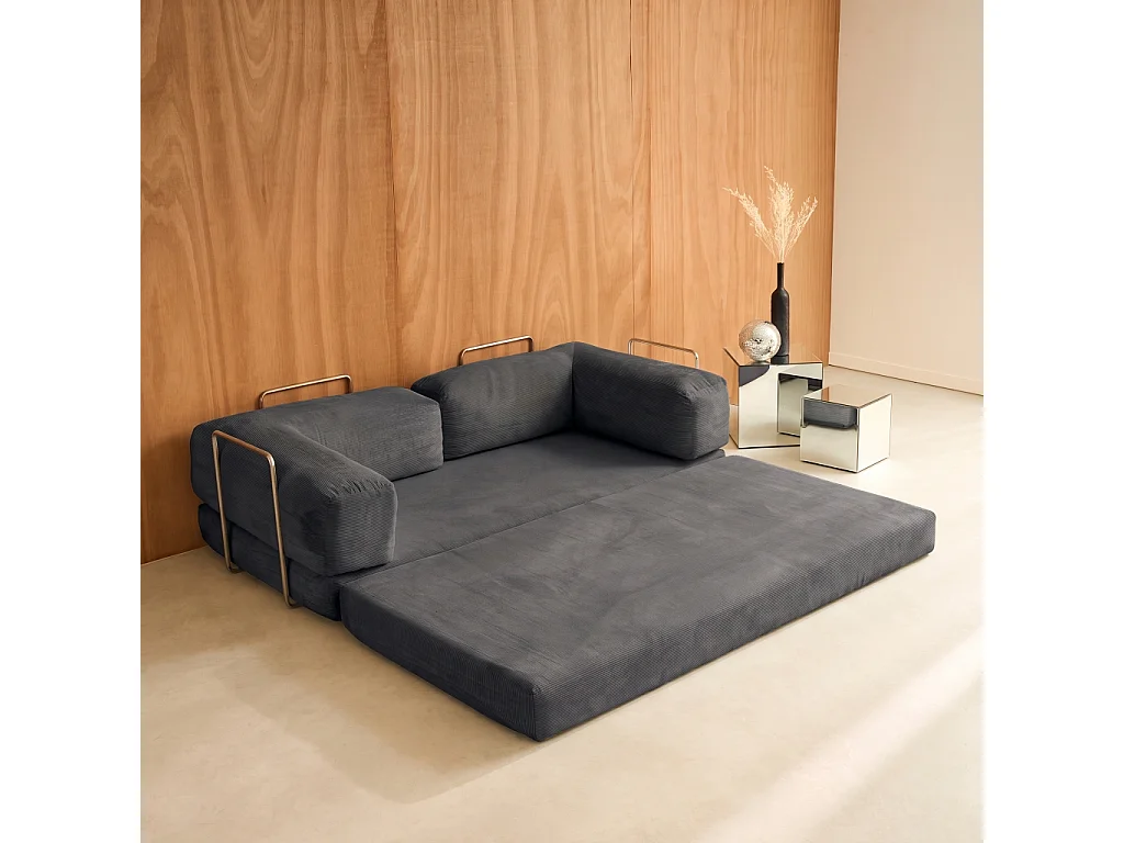 Sofá cama con futón plegable en pana y estructura cromada, 3 plazas